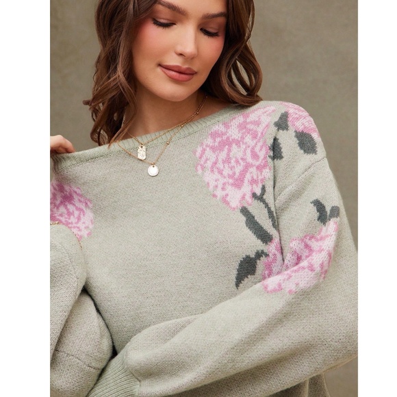 Floral Print Green Knit Round Neck Long Sleeve Pullover Sweater - Picture 3 of 6